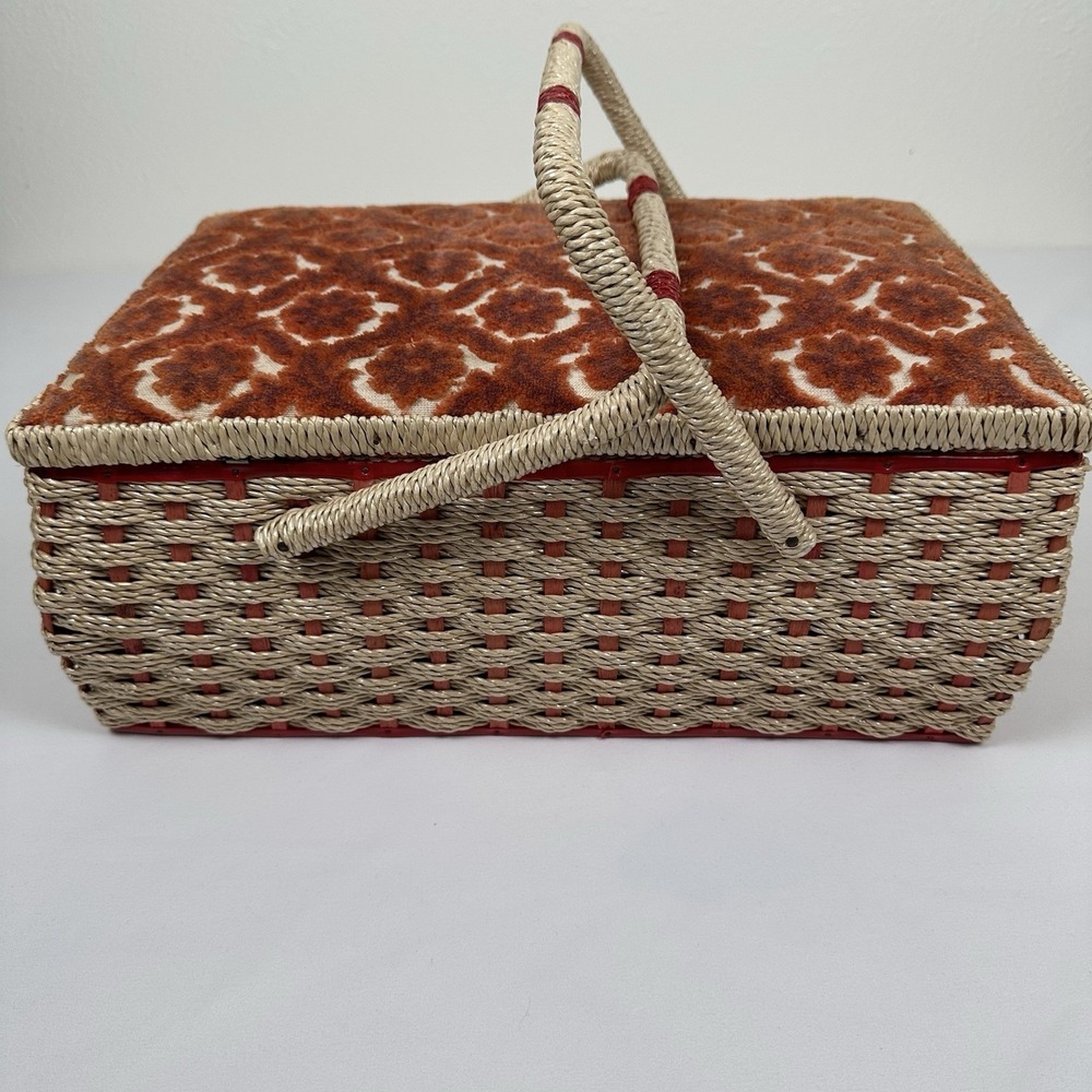 Vtg Japan Woven Wicker Sewing Basket Box Chenille Floral Lid Brass Latch - Picture 5 of 16